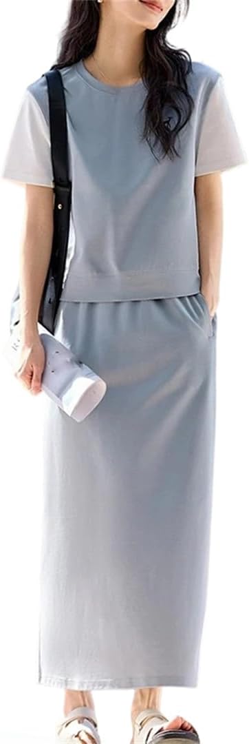 Women's Summer Skirt Suit Two Piece Outfit Short Sleeve T Shirt And Split Skirt Ladies Casual Set