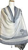 NPIA Certified 100% Pure Cashmere Pashmina Shawl for Women | Lightweight Snow White with NPIA Certified 100% Pure Cashmere Pashmina Shawl for Women | Lightweight Snow White with Slate Blue Paisley Border | Handwoven Nepal Changra Goat | Bridal Wedding Evening Wrap | Ethically Sourced (16 Micron 83" x 23") (Annapurna Snow White)
