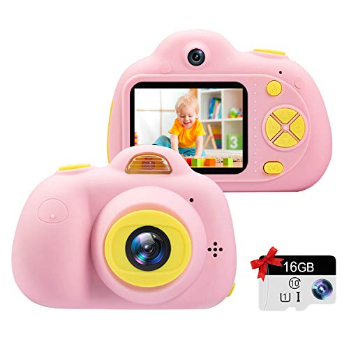 Kids Camera Gifts for 3-9 Year Old Girls,1080P HD Mini Rechargeable Children Shockproof Digital Front and Rear Selfie Camera Child Camcorder Waterproof 2.0” LCD Screen (Pink)