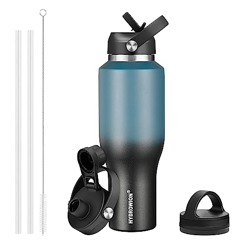 Image of HYDROWION Insulated Water Bottles, Water Bottle fits in Car Cup Holder (Cold 48 hrs, Hot 24 hrs) with Straw Lid, Spout Lid and Flex Cap,T-shpaed Water Bottle Leakproof Travel Thermo Tumbler,Blue&Black