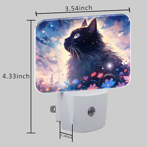 Image of Cartoon Cute Black Cat Night Light for Kids Girls Boys, Cat in The Flowers LED Night Light Plug into Wall with Dusk to Dawn Sensor for Room, Hallway, Kitchen, Bathroom, Stairs Decor