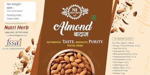 Image of Nutri Herb Premium California Almonds (Badam) (500gram)| Crunchy, Fresh & High in Protein | Nutrient-Rich Healthy Dry Fruit Snack
