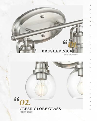 Image of Bathroom Light Fixtures, 2-Light 14 inch Brushed Nickel Vanity Lights with Clear Globe Glass Shades, Farmhouse Vintage Vanity Lighting Fixtures Over Mirror, E26 Base, AD-2147-2W-SN