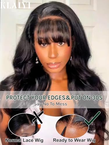 Image of KLAIYI Pre everything 13x4 Lace Front Natural Loose Body Wave With Curtain Bang Glueless Put on and Go Human Hair Wigs Side Part Drawstring Bye Bye Knots Pre Plucked Bleached Ready to Wear Wig 16Inch