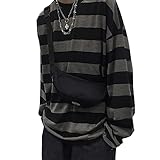 MS SHEA MAY Japanese Harajuku Fashion Oversized Stripe Long Sleeve T Shirt Grunge Clothing Tops Alt Shirt Egirl Clothes Aesthetic Vintage Streetwear (M, Black)
