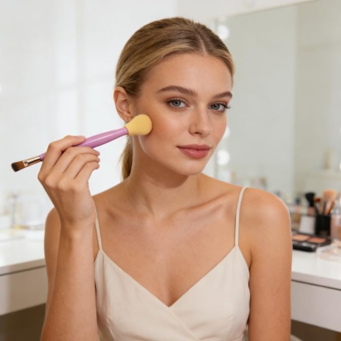 Dual End Eye Brush – Angled Brow Brush plus Eye Shadow Applicator, Portable Makeup Tool for Liner Detailing and Shading (Purple)