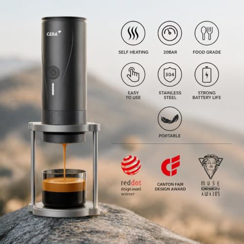 Image of CERA+ PCM04A Portable Espresso Maker with 51mm Professional Coffee Basket, Self-Heating Travel Electric Espresso Machine for Ground Coffee, Camping, Hiking & Office (Not Compatible with NS Capsules)