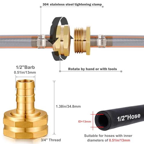 Image of Solid Brass Garden Hose Repair kit Connector with Stainless Steel Clamps, Male Adapter /Female Garden Hose Swivel Fitting (1 /2 inch Barb x 3 /4 inch Female -2 Sets)