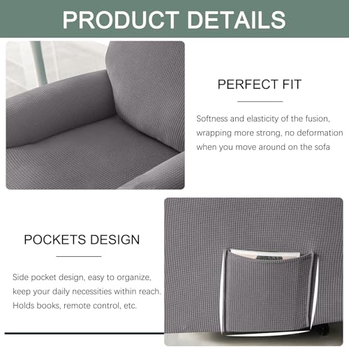 Funda reclinable gris oscuro de 2 plazas elástica con bolsillo lateral suave 7