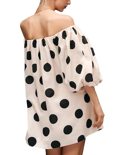 Image of MISSACTIVER Women's Polka Dot Mini Dress Off Shoulder Puff Sleeves Elegant Blouse Short Dress Loose Fit Bubble Beach Dresses