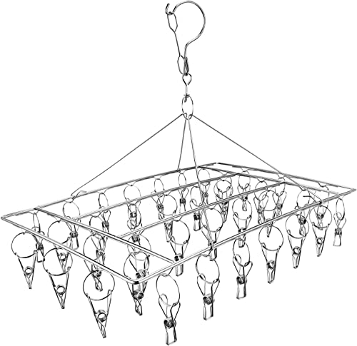 Image of Stainless Steel Sock Drying Rack with 36 Clips, Swivel Hook Wind-Proof Clothes Hanger Rack for Sock, Bras, Underwear, Laundry Accessories