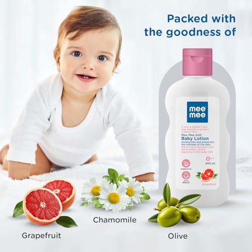 Image of Mee Mee Soft Baby Lotion and Fresh Feel Baby Powder 400 ml Each | Dermatologist-Approved | Rash-Resistant | Paraben-Free | Combo Pack of 2