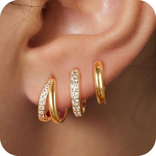 3 Pairs Small Gold Huggie Hoop Earrings Set for Women,14K Gold Plated Hypoallergenic Lightweight Huggie Hoop Earrings for Women
