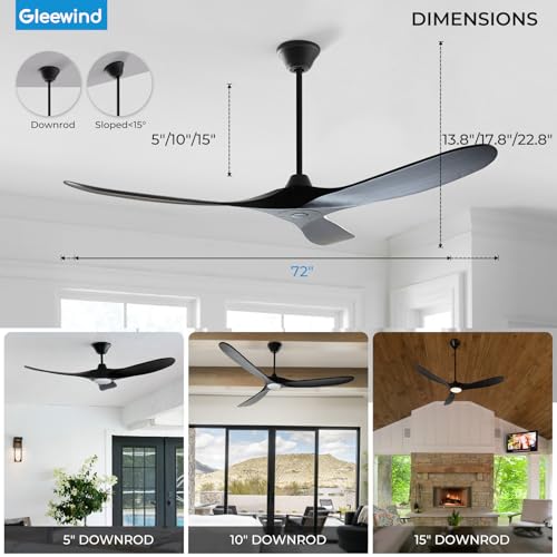 Image of 72 inch Outdoor Ceiling Fans with Lights-Glass Lamp, Large Damp Rated Wood Propeller Blades for Big Patios & Porch, Smart APP and Remote Control, 3 Blades Dimmable LED Ceiling Fans, High CFM-Black