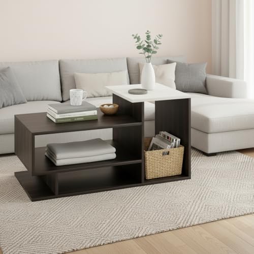 Image of FURNEASER Hanoi Modern Engineered Wood Coffee Table with Door & Storage Shelves | Center Table for Living Room & Sofa Area | Multi Level Open Rack Design | DIY Furniture (AFR-WH)