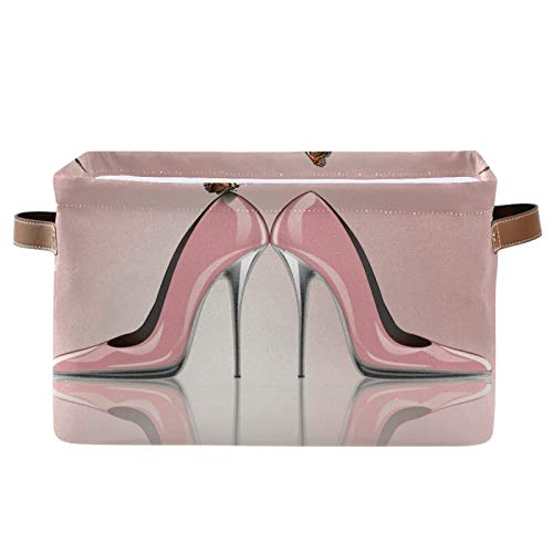 AUUXVA Storage Basket Pink High Heel Butterfly Storage Cube Box Durable Canvas Collapsible Toy Basket Organizer Bin with Handles for Shelf Closet Bedroom Home Office