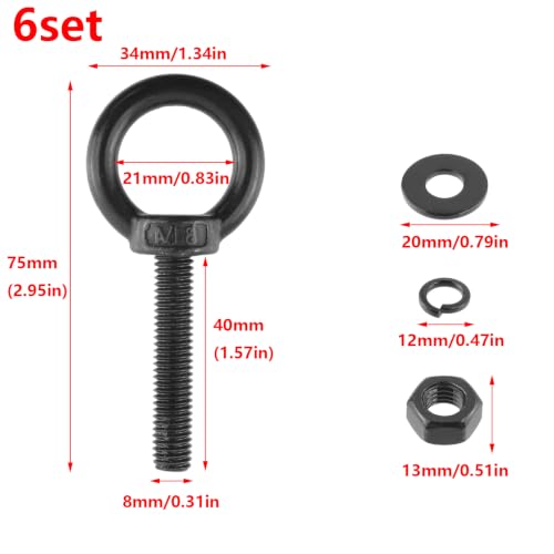 Image of Antrader Lifting Shoulder Eye Bolts,M8 Eye Bolt,M8 x 40mm,Black,6 Sets | Stainless Steel Eyebolts with Lock Nuts,Lock Washers,Flat Washers