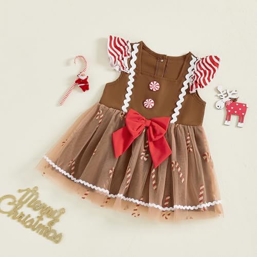 Toddler Baby Girl Christmas Outfit Gingerbread Man Dress Square Neck Fly Sleeve Bow A-Line Tulle Tutu Dress Clothes4