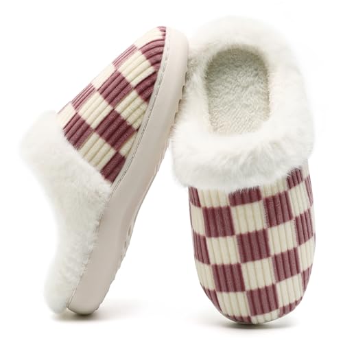 Image of Yueerlu House Slippers for Women Men, Fuzzy Checkered Mens Womens Slippers Warm Memory Foam House Shoes Indoor Outdoor with Faux Fur Lining