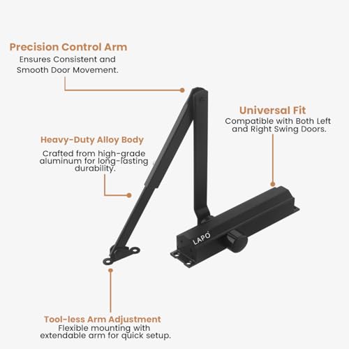Image of LAPO Heavy Duty Aluminium Automatic Hydraulic Double Speed Door Closer for Home Office | Aluminium and Wooden Soft Door Closers with Fitting Set for All Door Weight Up to 80 Kg (Black Finish)