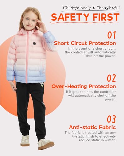 HEWINZE Kids Heated Jacket,Lightweight Water-Resistant Hooded Puffer Heated Coat for child with 5V Battery Pack（Unisex）4