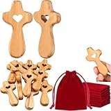 Moliuoly Handgeschnitztes Olivenholz Taschenkreuz, Herzform, 10er Set mit Samtbeuteln | Für Taufe Kommunion & Gebetskarte | Rot, 3,5 cm