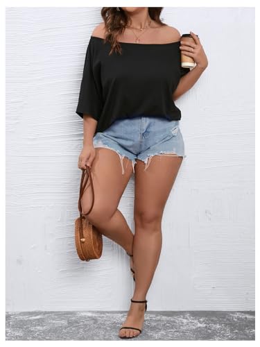 Women's Plus Size Off The Shoulder Casual Tee Top Summer Solid Dolman Short Sleeve Trendy T Shirt4