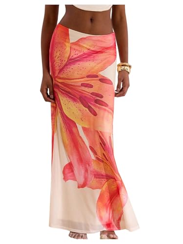 Milumia Women's Floral Low Waist Mesh Maxi Skirt Boho Bodycon Fishtail Long Skirts