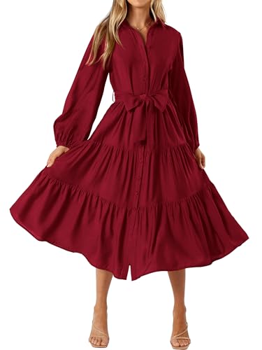 MASCOMODA Womens Dresses 2025 Fall Long Sleeve Midi Dress Casual V Neck Button Down Tiered Flowy Aline Tie Waist Shirt Dress