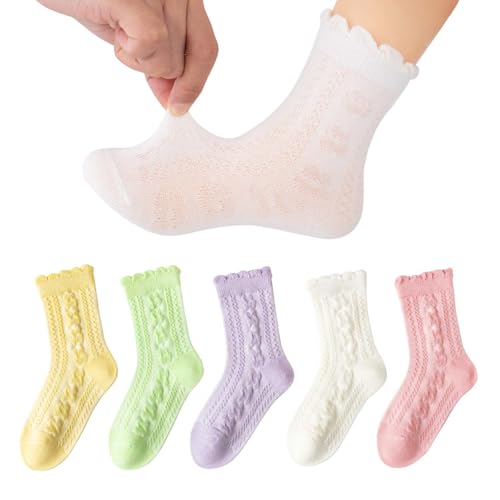 Meeshine 5 Pairs Toddler Girls Ruffle Ankle Socks Lightweight Cotton Solid Color School Dress Crew Socks for Kids 1-8T