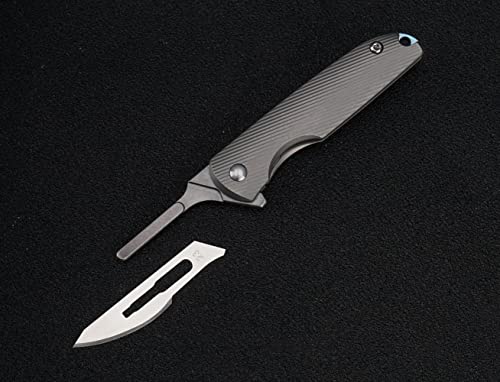 Tenchilon Ti28 Premium Mini Flipper Scalpel Folding Pocket Knife With 10Pcs #24 Replaceable Blade, Textured 6Al4V Titanium Handle With Frame Lock Utility Edc Knives, #TOP4