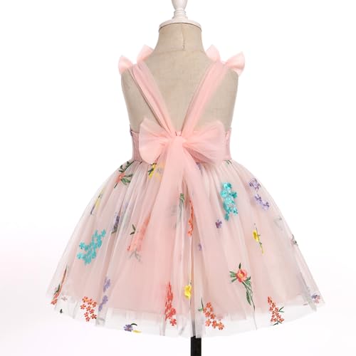 IBTOM CASTLE Infant Girl First Birthday Dress with Bow-Knot V-Neck Ruffle Tulle Party Dress Floral Princess Dress Gown4