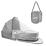 SZRUNZHU Portable Bassinet for Baby Travel Lounger Foldable Baby Co-Sleeping Bed with Mosquito net + Cool mat Carry Bag & Storage Pocket (Gray)