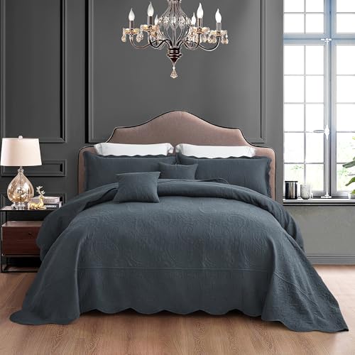 Image of Oversized King Bedspread 128x120 Extra Wide, Embossed Paisley Quilt Set King /Cal King, Lightweight Reversible Coverlet, Scalloped Edge - Deep Classic Look, 5 Piece, Polar Night