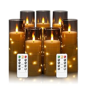 Flameless Candles with Embedded Star String, Battery Operated LED Pillar Candles with Timer and Remote Control,Home Decorating for Ambiance， Set of 7(Grey)