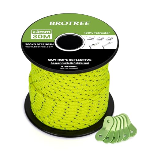 BROTREE Abspannseile Camping 30m Zeltschnur mit 6 x Spanner 3mm Reflektierend Abspannseile mit Seilspanner für Zelt Camping Sonnensegel Vorzelt (Neon Gelb)