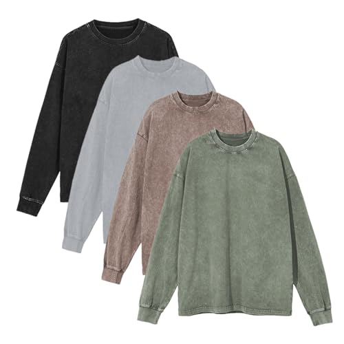 Men's Vintage Acid Wash T-Shirts Heavy Weight Long Sleeve Tshirt Cotton Casual Tee Tops