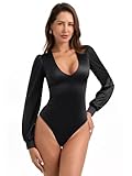 PINKMSTYLE Sexy Plunge V Neck Long Sleeve Satin Silk Bodysuit Date Night Outfit Black Body Suits For Womens Small