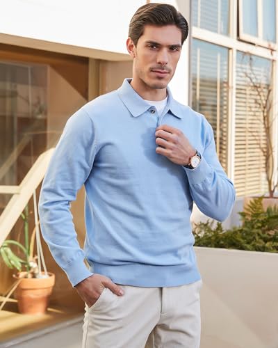 Image of Kallspin Mens 100% Cotton Polo Sweater Long Sleeve Button Down Knit Pullover Relaxed Fit Collared Casual Tops