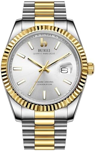BUREI Montre-bracelet à quartz pour homme en acier inoxydable étanche