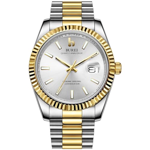 BUREI Luxus Herrenuhr Analog Quarzuhr Datumsanzeige mit Saphirglas Leuchtend und Edelstahlarmband (Silber Gold)