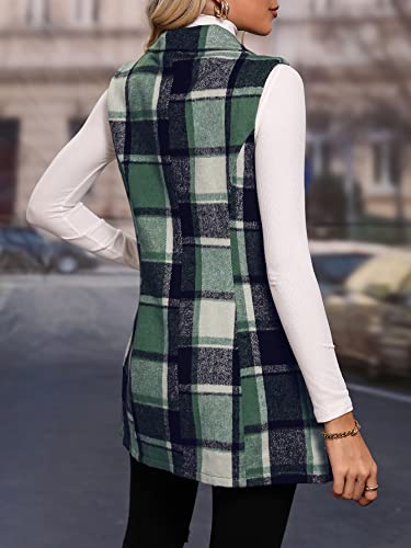 Makemechic 989918825-M Women'S Plaid Vest Coat Casual Lapel Neck Button Front Sleeveless Blazer Jacket Outerwear Green M thumb #1