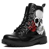 coolcustomize Black Combat Boots for Men Womens Fashion Lace-Up Skull Rose Ankle Booties Chunky Heel Platform Leather Work Boots