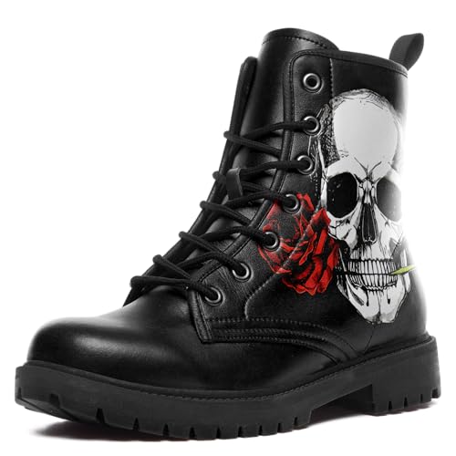 Image of Custom Black Combat Boots for Women Fashion Lace-Up Skull Rose Ankle Booties Chunky Heel Platform Leather Boots