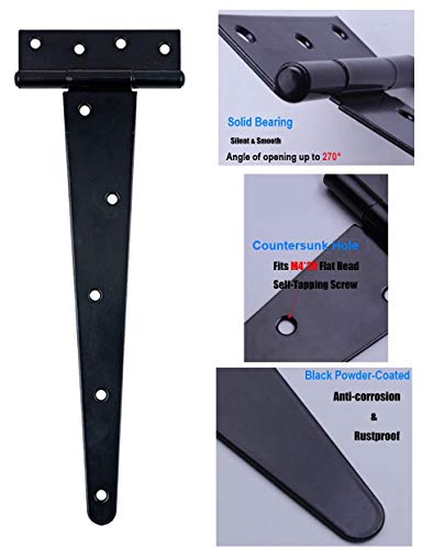 Heavy Duty T-Hinges 16 Inch (400mm) Tee Hinge for Wooden Door Gate, Black, 3 Pack, Matching Screws Included