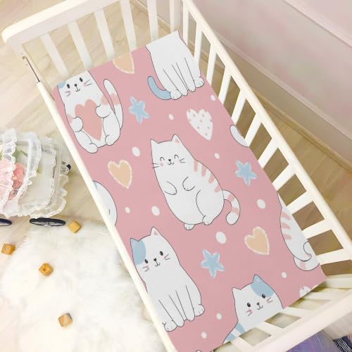 Image of SUABO Cute Cat Crib Sheets Stretchy Portable Sheets for Baby Toddler Breathable Soft Crib Mattress Sheet for Girls Boys, Medium