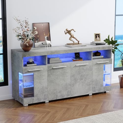 OLIVIBED Aparador de 140 cm, armario de cocina con espacio de almacenamiento, 4 puertas y tirador, tablero alto con mampara de cristal, para cocina, salón y pasillo, diseño brillante, 140 x 40 x 70 cm