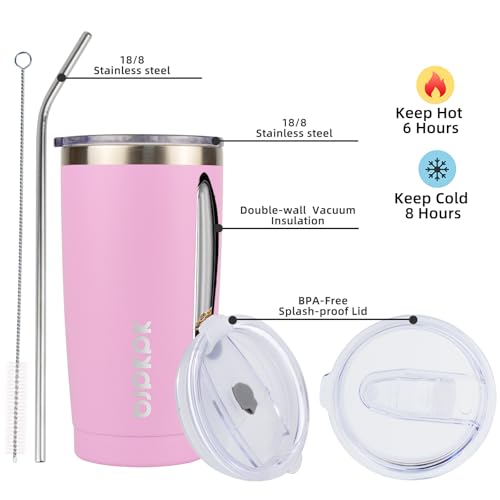 Image of BJPKPK 20oz Coffee Tumbler with Lid & Straw, Insulated Stainless Steel Mug | Double Wall Vacuum, Keeps Hot /Cold, BPA Free, Leak Proof, Iced Coffee Cup Fit Car Holder, Travel & Beach, Light Pink