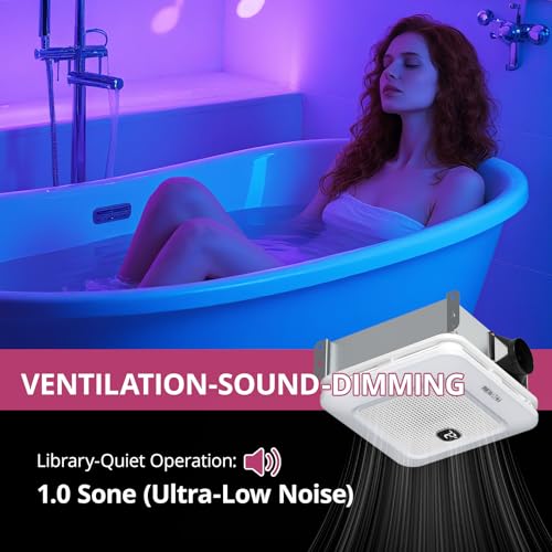 RexTact Bathroom Exhaust Fan with Bluetooth Speaker, RGB Light & Remote, 230CFM 1 Sone Bathroom Vent Fan, 3 Dynamic RGB Lighting, 3000K–6000K Dimmable, Nightlight, Dual Installation (White) by RexTact - Image 7