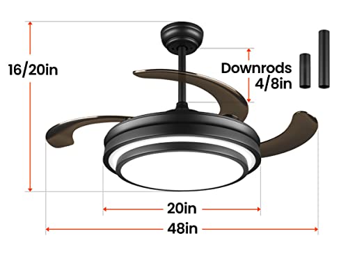48 Inch Modern Retractable Ceiling Fan With Lights And Remote Black Smart Ceiling Fan With App Control 6 Speed Dimmable Led Fandelier Ceiling Fan Timing Silent Reversible Motor For Bedroom Kitchen #TOP4